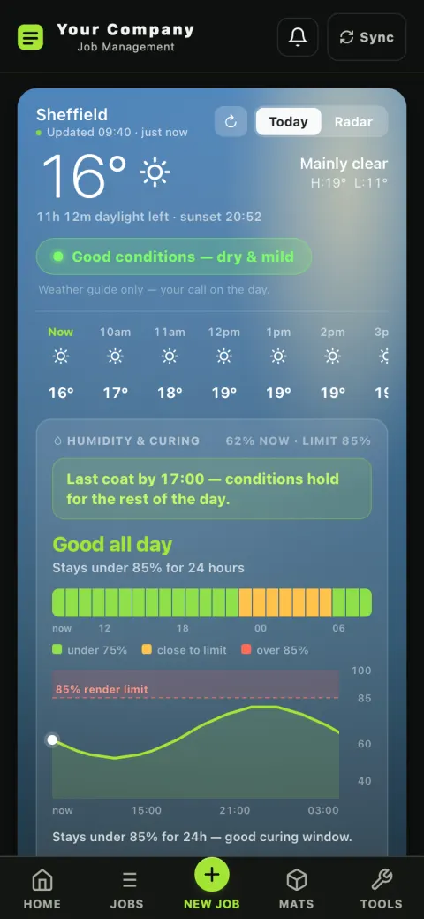 PlasterFlow home screen — render weather verdict for Sheffield showing good conditions, with the humidity curing window under the 85% render limit